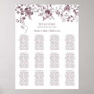 Elegant Floral Merlot Vintage Wedding Seating Plan Poster
