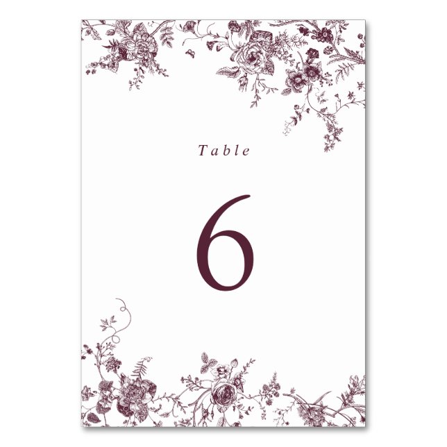 Elegant Floral Merlot Vintage Wedding Table Number (Front)