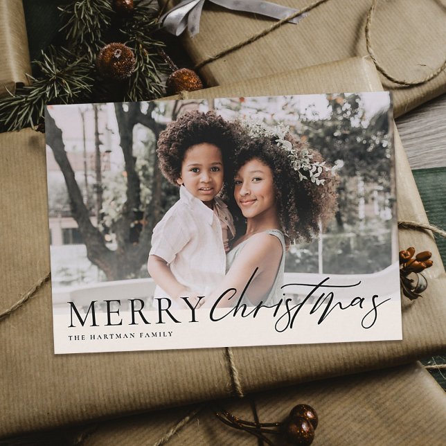 Elegant Floral Merry Christmas Black Ivory Photo  Holiday Card (Creator Uploaded)
