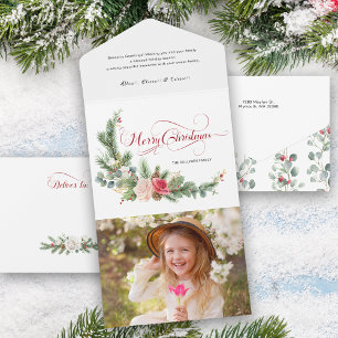 Elegant Floral Merry Christmas Calligraphy All In One Invitation