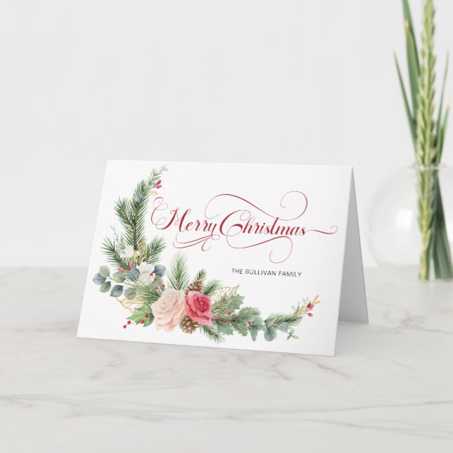 Elegant Floral Merry Christmas Calligraphy Holiday Card (Front)