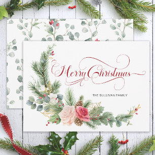 Elegant Floral Merry Christmas Calligraphy Holiday Card