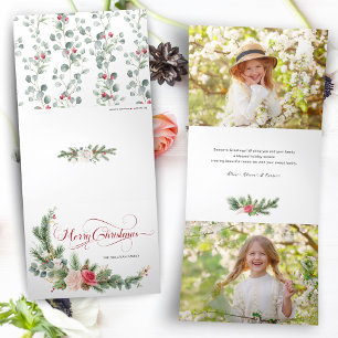 Elegant Floral Merry Christmas Calligraphy Tri-Fold Holiday Card