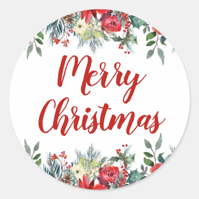 Elegant Floral Merry Christmas Classic Round Sticker (Front)