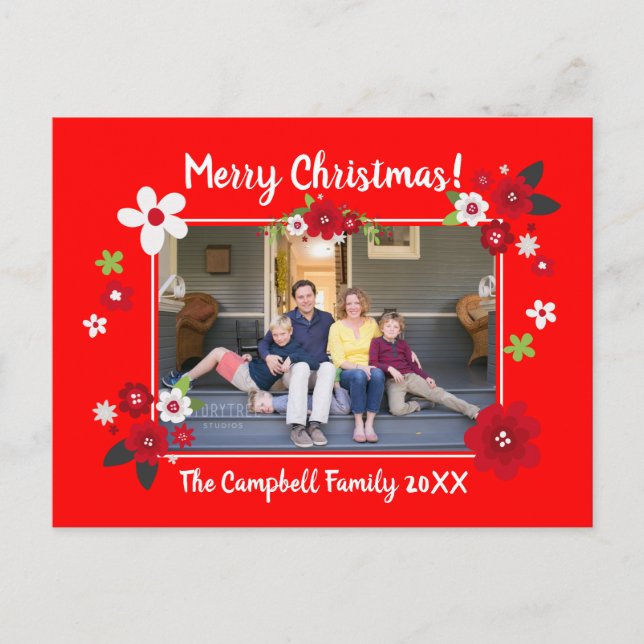 Elegant Floral Merry Christmas Photo Names Red Postcard (Front)