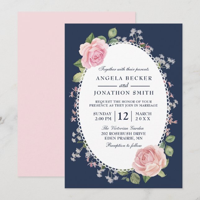 Elegant Floral Midnight Blue and Pink Wedding Invitation (Front/Back)