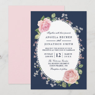 Elegant Floral Midnight Blue and Pink Wedding Invitation