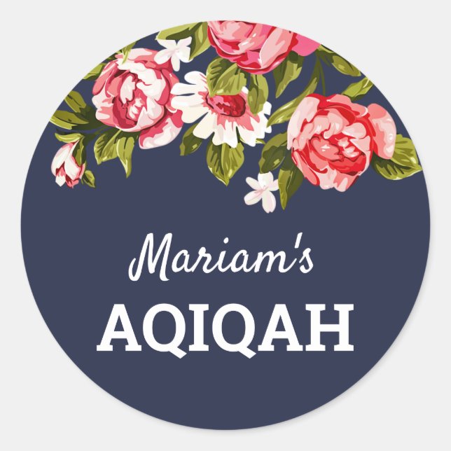 Elegant Floral Midnight Blue Baby Girl Aqiqah Classic Round Sticker (Front)