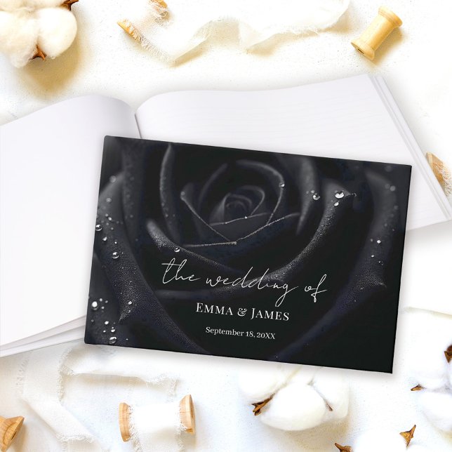 Elegant Floral Midnight Rose Black & White Wedding Guest Book (Creator Uploaded)