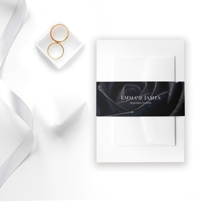 Elegant Floral Midnight Rose Black & White Wedding Invitation Belly Band (Creator Uploaded)