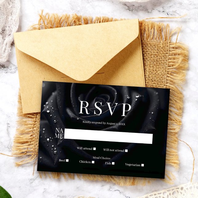 Elegant Floral Midnight Rose Black & White Wedding RSVP Card (Creator Uploaded)
