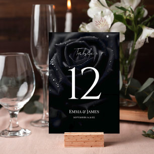 Elegant Floral Midnight Rose Black & White Wedding Table Number