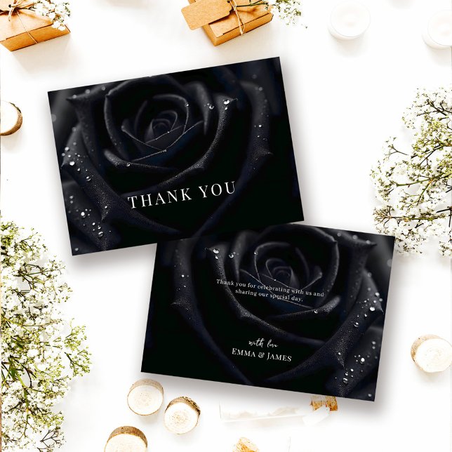 Elegant Floral Midnight Rose Black & White Wedding Thank You Card (Creator Uploaded)