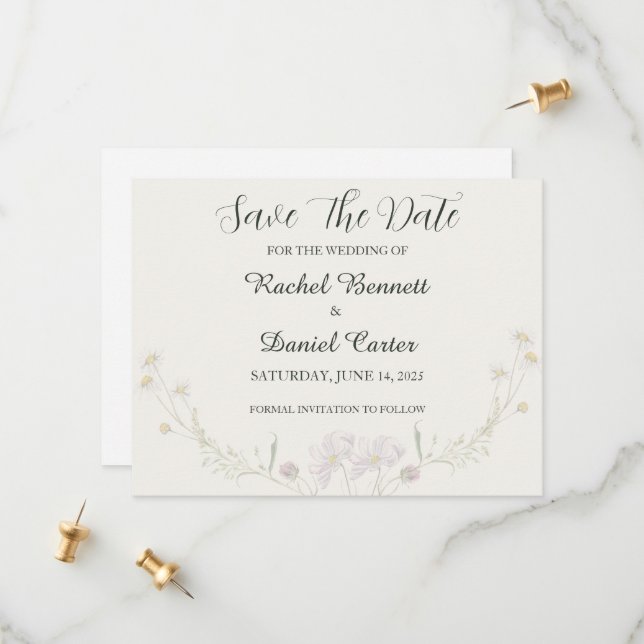 Elegant Floral Minimal Wedding Save the Date Card  (Front/Back In Situ)