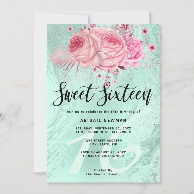 Elegant floral mint green glitter sweet sixteen invitation (Front)