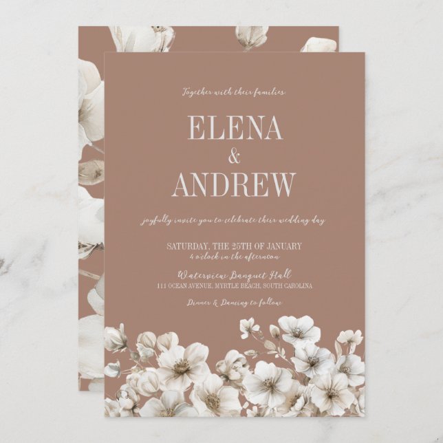 Elegant Floral Mocha Brown and White Wedding Invitation (Front/Back)