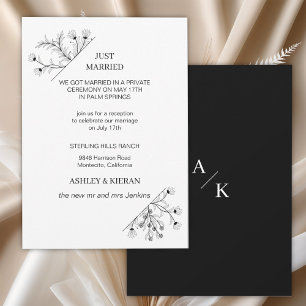 Elegant Floral Modern Black and White Just Married Invitation