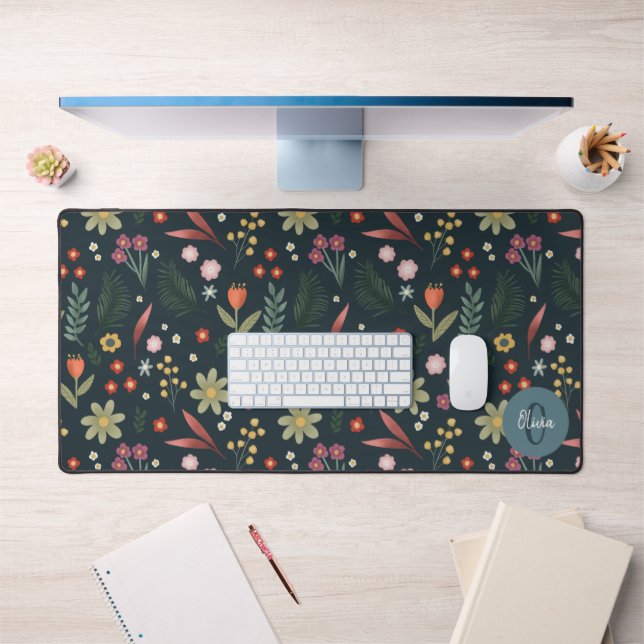 Elegant Floral Modern Monogram  Desk Mat (Office 1)