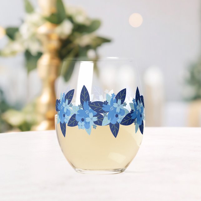 Elegant Floral Monochromatic Blue Design Stemless Wine Glass (Insitu (Wedding))