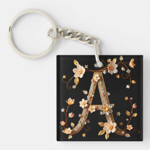 Elegant Floral Monogram A with Intricate Design Key Ring