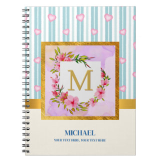 Elegant Floral Monogram and Blue Pastel Stripes Notebook