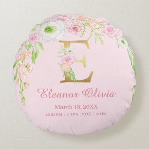 Elegant Floral Monogram Baby Stats Round Cushion