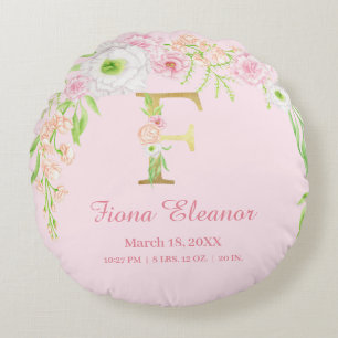 Elegant Floral Monogram Baby Stats Round Cushion