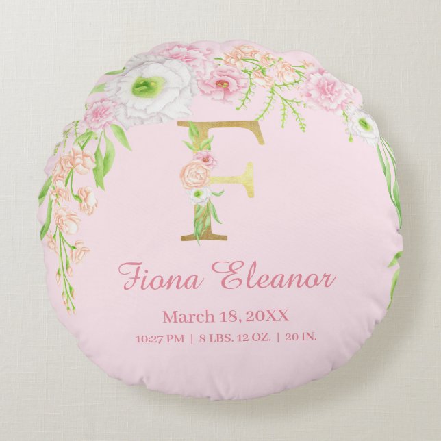 Elegant Floral Monogram Baby Stats Round Cushion (Front)