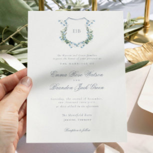Elegant Floral Monogram Crest Formal Wedding Invitation