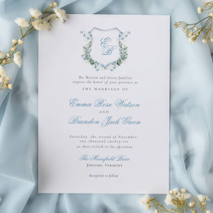 Elegant Floral Monogram Crest Formal Wedding Invitation