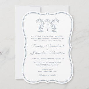 Elegant Floral Monogram Crest Regency Wedding Invitation