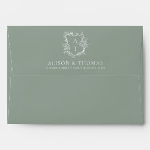 Elegant Floral Monogram Crest Sage Green Wedding Envelope