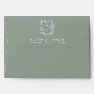 Elegant Floral Monogram Crest Sage Green Wedding Envelope