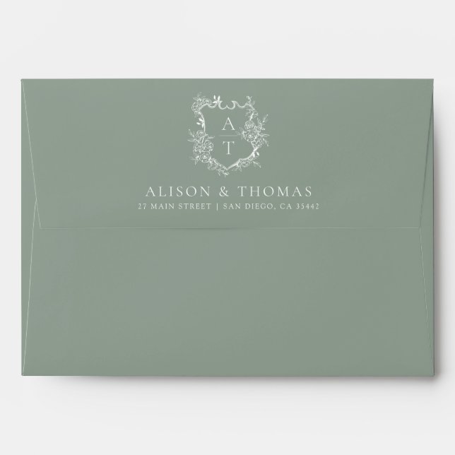 Elegant Floral Monogram Crest Sage Green Wedding Envelope (Back (Top Flap))