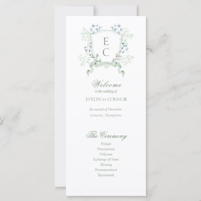 Elegant Floral Monogram Crest Wedding Program (Front)