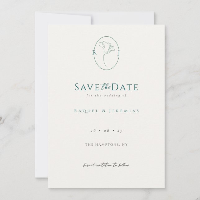 Elegant Floral Monogram Emerald Wedding Save The Date (Front)