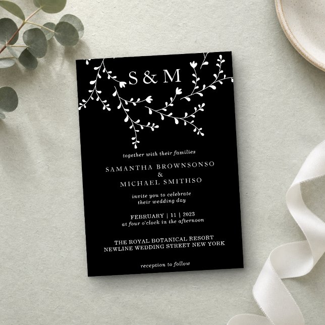 Elegant Floral Monogram Frame in Black White Invitation (Creator Uploaded)