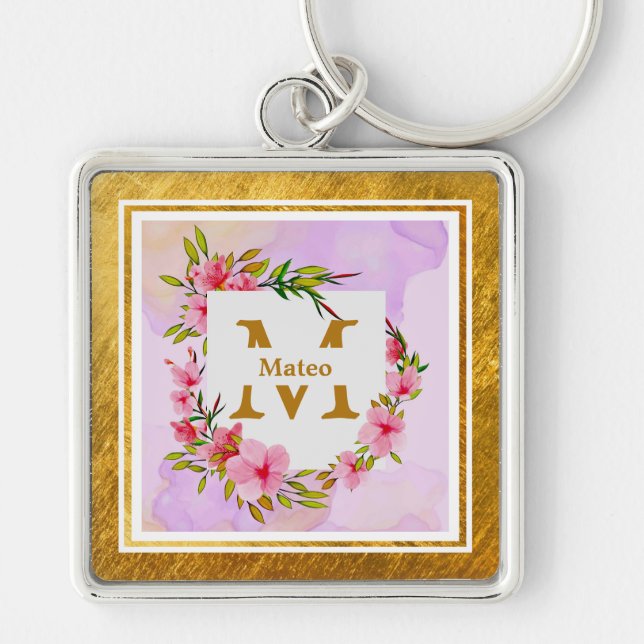 Elegant Floral Monogram I Name & Initial Key Ring (Front)