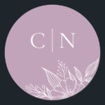 Elegant Floral Monogram Initials Lavender Wedding  Classic Round Sticker<br><div class="desc">These simple,  elegant wedding envelope seals feature a floral line drawing in white and two monogram initial text templates over a custom colour background (shown in lavender purple).</div>