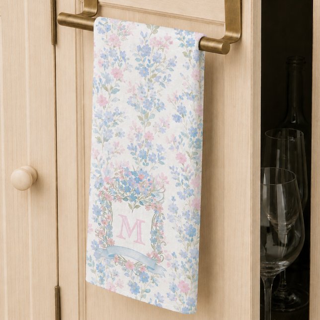 Elegant Floral Monogram Kitchen Towels (elegant feminine preppy pink blue floral monogram initial kitchen towel)