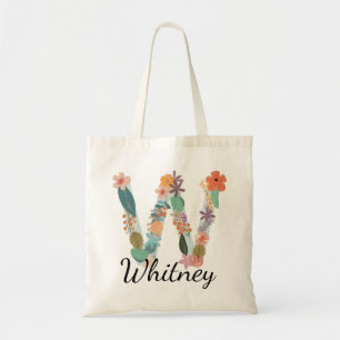Elegant Floral Monogram Letter W Personalised Name Tote Bag