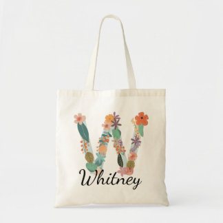 Elegant Floral Monogram Letter W Personalised Name Tote Bag