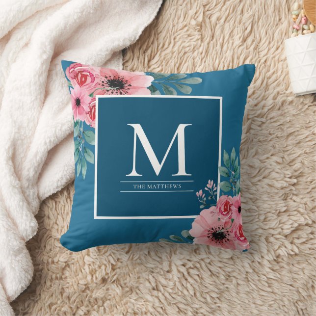 Elegant Floral Monogram Ocean Blue Throw Pillow (Blanket)