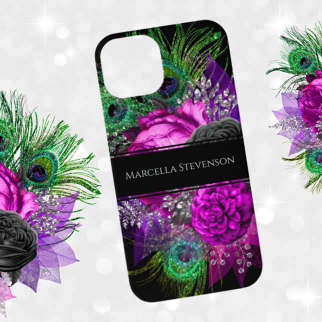 Elegant Floral Monogram Peacock Feather Glitter iPhone Case (Creator Uploaded)
