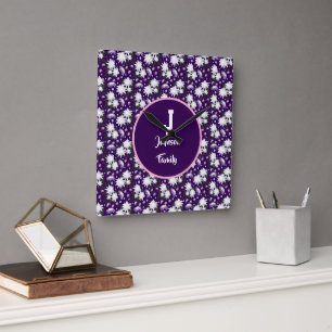 Elegant Floral Monogram Personalised Gift Design Square Wall Clock