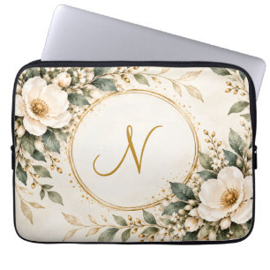 Elegant Floral Monogram Sage & Gold Laptop Sleeve