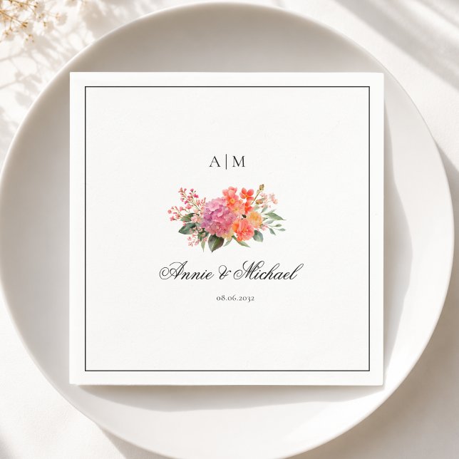  Elegant Floral Monogram Script Border Wedding Napkin (Custom Elegant Floral Monogram Script Border Wedding Napkins)