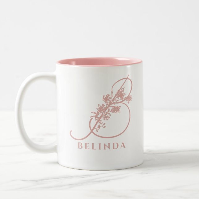 Elegant Floral Monogram Script Pink Bridal Two-Tone Coffee Mug (Left)