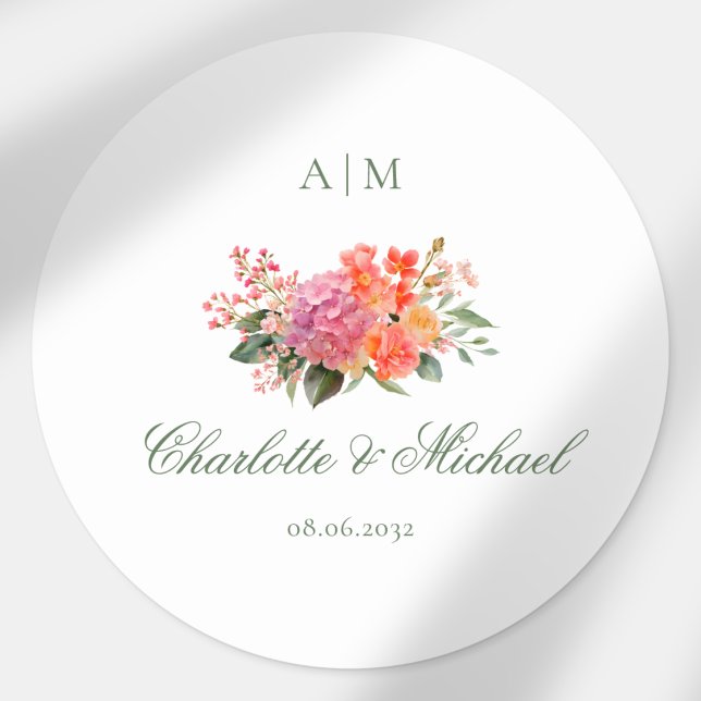  Elegant Floral Monogram Script Wedding Classic Round Sticker (Elegant Floral Monogram Script Wedding Classic Round Sticker)