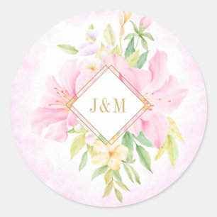 Elegant Floral Monogram Watercolor Pink Wedding Classic Round Sticker